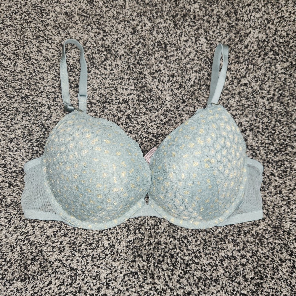 Victoria's Secret Leopard Lace Padded Push Up Bra 38B Sage Green Gold Multiway